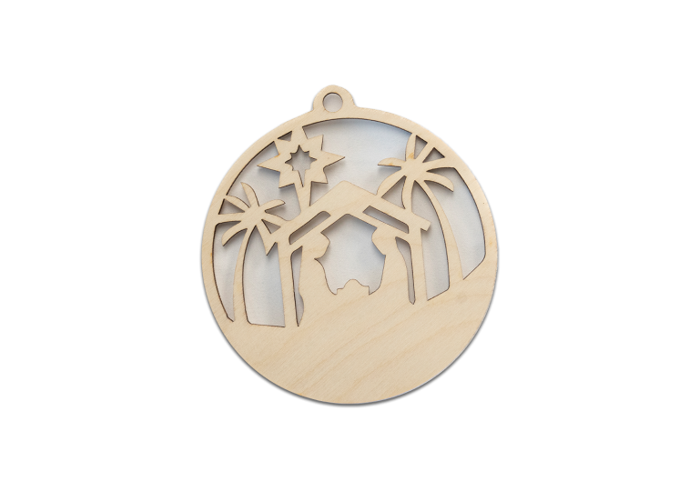 Wooden Christmas ornament with cutout of Mary, Joseph, and Jesus in the manger, surrounded by trees and a star.